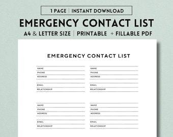 Emergency Contact List Printable Form, Emergency Information, Babysitter Emergency Contact Info Card, Binder, Kit, Digital Download PDF