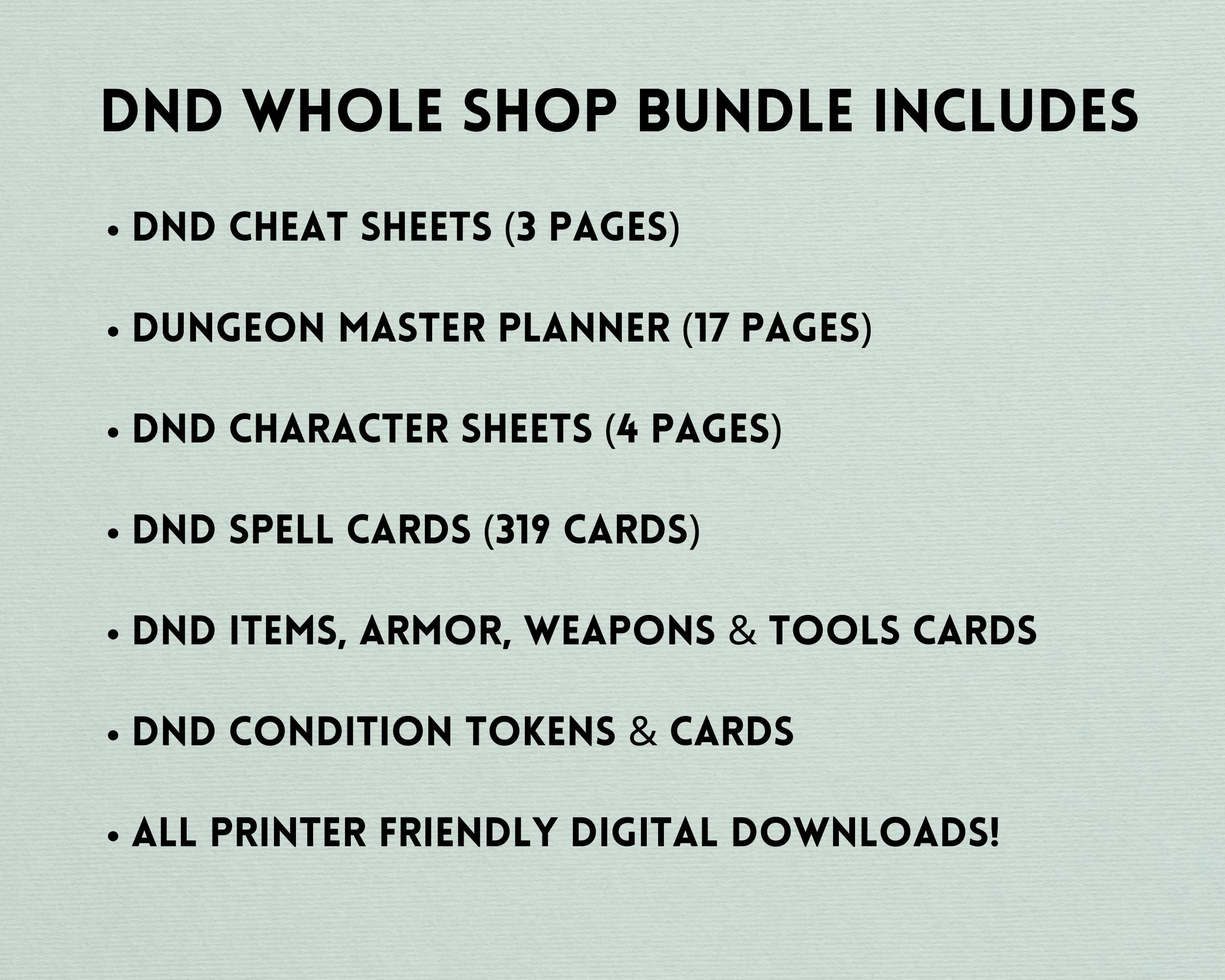 Dnd Whole Shop Bundle, 5e, Dnd Printable, Dnd Cheat Sheet, Dnd Cards ...