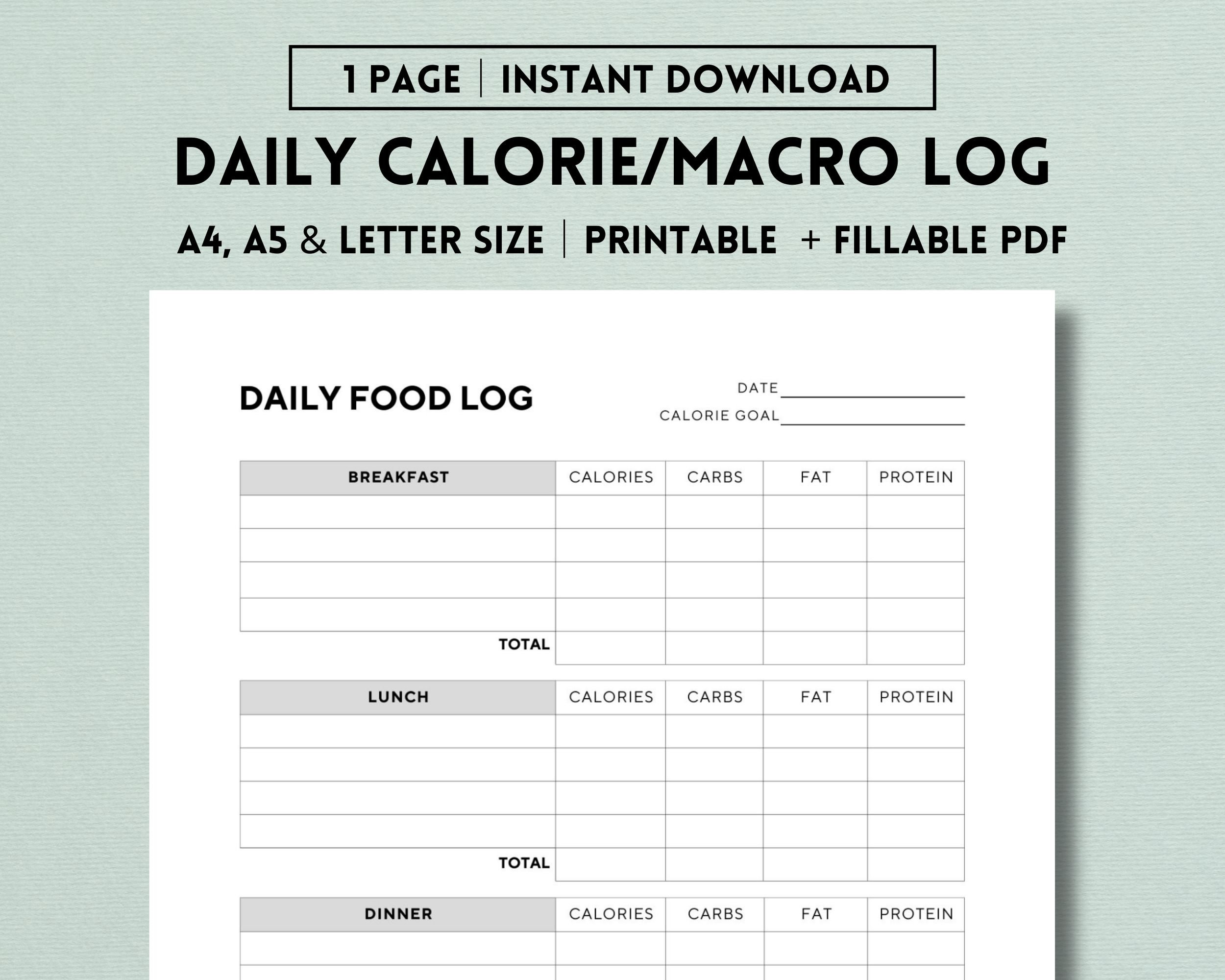 Daily Calorie and Macro Log Printable, Calorie Tracker, Calorie Counter, Meal Planner, Weight ...