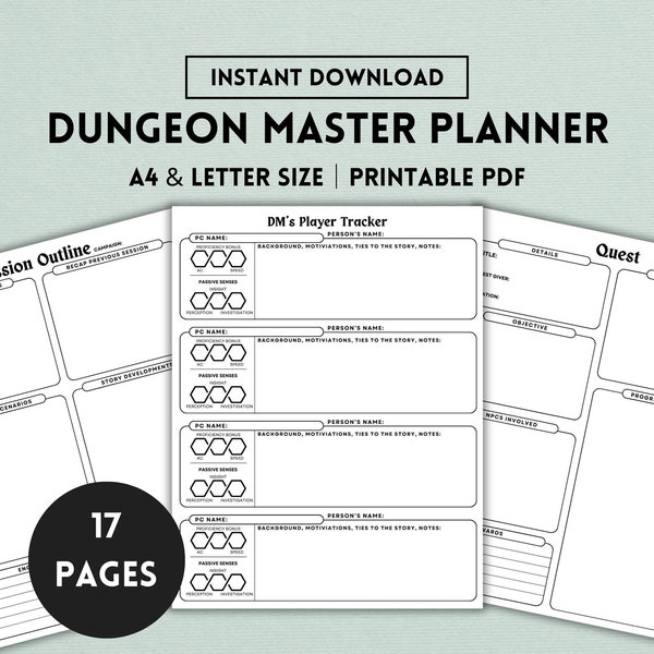 DnD Planner, DnD Printable, DnD Tracker, DM Planner, DM Notebook, D and D Sheet, Dungeons and Dragons Template, 17 Unique Pages, Digital PDF