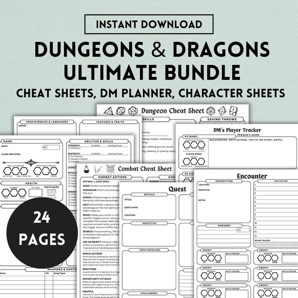 DnD bundel, 5e, DnD afdrukbaar, DnD Cheat Sheet, DnD Player Guide, DnD Character Sheet, Dungeons and Dragons, Dungeon Master, digitale PDF