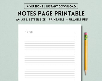 May include: A printable notes page template in A4, A5, and letter sizes. The page has a title "NOTES" at the top and is filled with horizontal lines for writing.