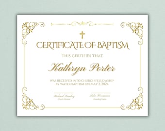 Op de afbeelding: Een wit certificaat met een gouden rand en een versierd ontwerp. De tekst luidt "Doopcertificaat" en "Dit certificaat bevestigt dat Kathryn Porter op 2 mei 2024 door de doop in de kerkgemeenschap is opgenomen."