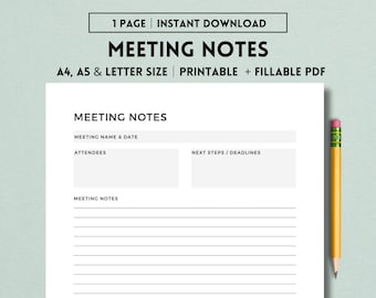 Meeting Notes Printable, Note Taking Template, Office Organization, Work Notes, Meeting Agenda, Meeting Tracker, Minimalist, PDF