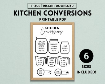 Kitchen Conversion Chart, Kitchen Wall Art, Baking Conversion Chart, Kitchen Measurement Chart, Cooking Cheat Sheet, PDF
