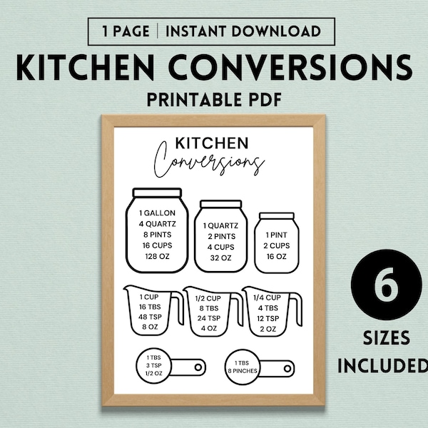 Kitchen Conversion Chart, Kitchen Wall Art, Baking Conversion Chart, Kitchen Measurement Chart, Cooking Cheat Sheet, PDF