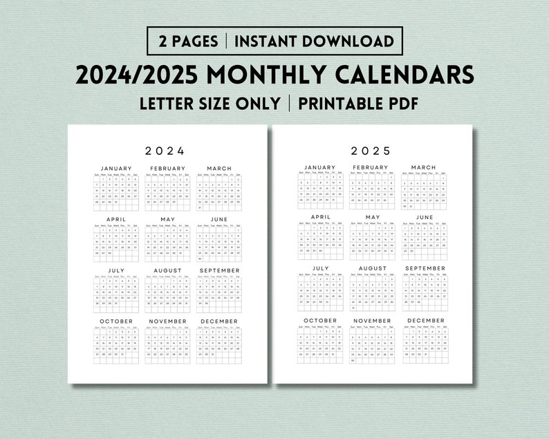 2024/2025 Yearly Calendar One Sheet Printable, Year at a Glance ...