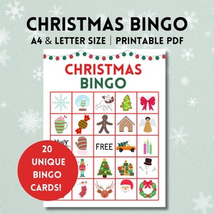 Holiday Bingo, Christmas Bingo Cards, Christmas Bingo Printable, Christmas Games for Families, 20 Unique Bingo Cards, Kids Christmas Bingo