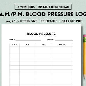 A.M./P.M. Blood Pressure Log Printable Template, Morning and Evening Blood Pressure Log, Daily Blood Pressure Tracking, Blood Pressure Chart