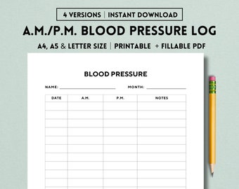 A.M./P.M. Blood Pressure Log Printable Template, Morning and Evening Blood Pressure Log, Daily Blood Pressure Tracking, Blood Pressure Chart