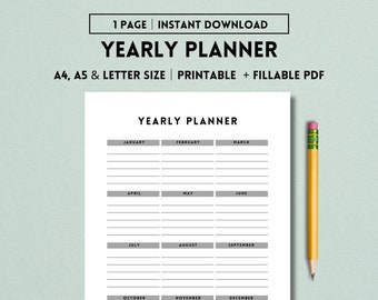 May include: A printable yearly planner in black and white with a grey background. The planner is divided into 12 months, with each month having its own section. The months are labelled in black text. The planner is designed for A4, A5, and letter size paper.