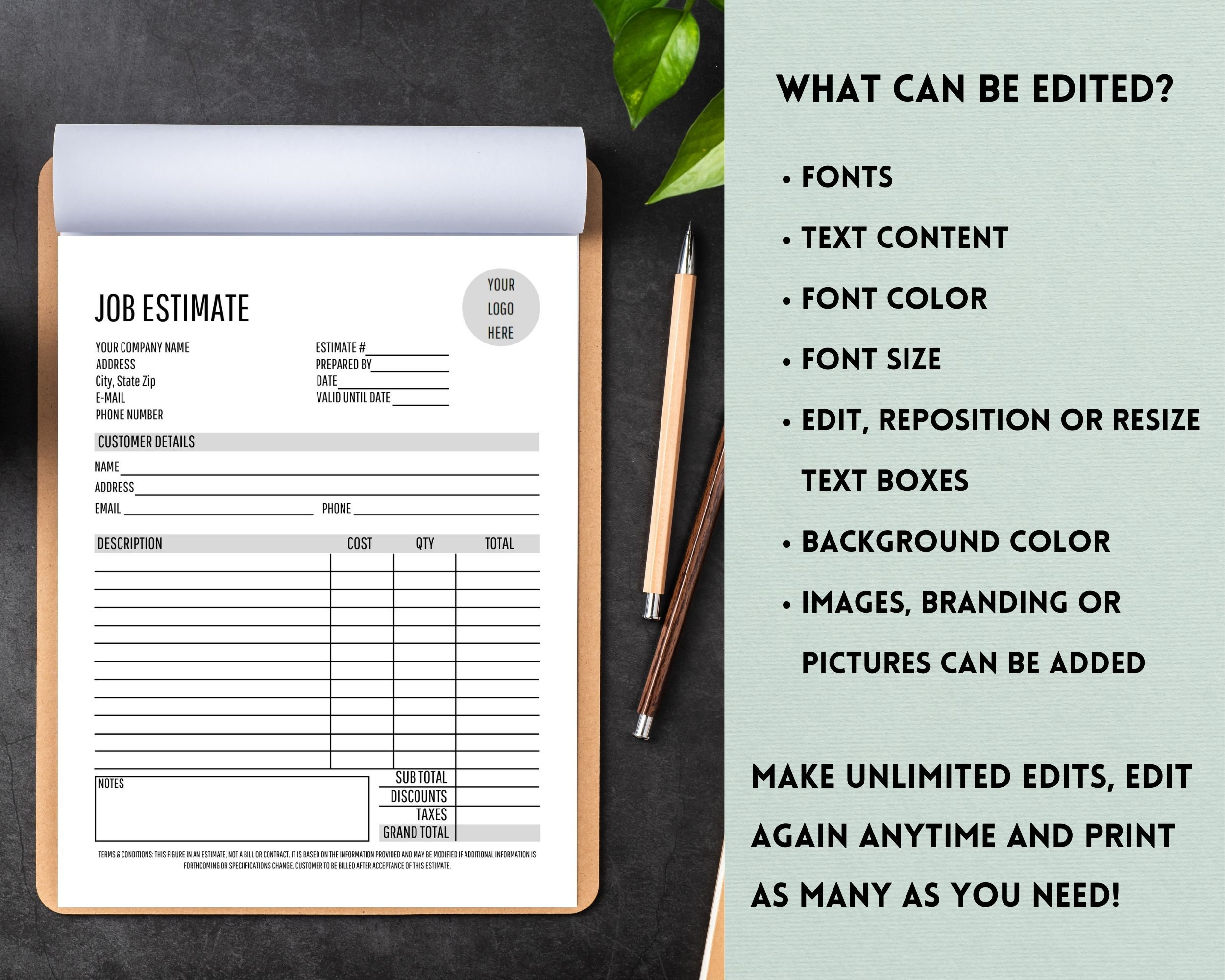 Job Estimate Printable Template, Business Quote Form, Contractor ...