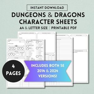 Hoja de personaje de DnD imprimible, 5.ª edición, 2014, 2024, diario de personaje de DnD, diario de jugador de DnD, planificador de Dungeons and Dragons, PDF, tamaño carta, A4