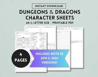 Scheda personaggio DnD stampabile, 5e, 2014, 2024, Diario personaggio DnD, Diario giocatore DnD, Dungeons and Dragons Planner, PDF, Lettera, A4