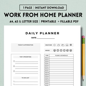 Work From Home Planner, Personal Daily Planner, Productivity Planner, Daily Hourly Schedule, Instant Download, A5/A4/Letter, Digital PDF