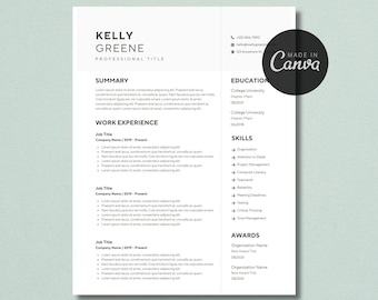 May include: A black and white resume template with the name Kelly Greene at the top. The resume includes sections for summary, work experience, education, skills, and awards.