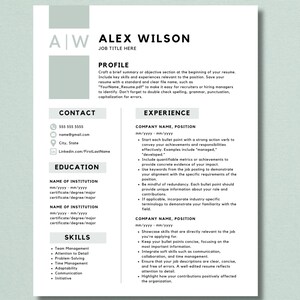 May include: A black and white resume template with the name Alex Wilson and the job title "Job Title Here". The resume includes sections for profile, contact, education, skills, and experience.
