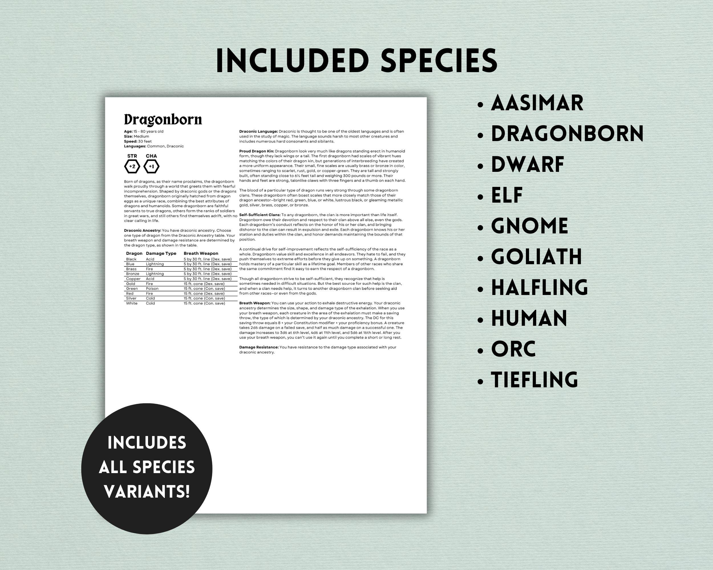 Dnd 5e Class Reference Sheets: Species, Origins, Feats (letter & A4 ...