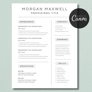 Plantilla de currículum de Canva, plantilla de currículum editable, currículum de una página, currículum con carta de presentación, currículum minimalista, currículum simple, descarga en PDF