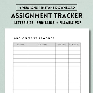 Assignment Tracker Printable, Assignment Planner, Homework Tracker, Homework Planner, College Planner, Homeschool Tracker, PDF