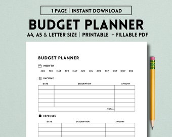 May include: A printable budget planner in A4, A5, and letter size. The planner has sections for income and expenses, with columns for date, description, and amount. It also includes a total section for expenses.