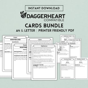 Könnte beinhalten: Ein Bundle von Daggerheart-kompatiblen Karten, das verschiedene Kartendesigns mit Text und Illustrationen enthält. Die Karten sind in Schwarzweiß gehalten und tragen Titel wie "Rogue Nightwalker" und "Highborne". Das Bundle enthält A4- und Letter-PDFs zum Ausdrucken.