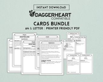 Daggerheart Printable Cards, Domains, Communities, Ancestries, Subclasses, Weapons, Armor, Loot, TTRPG, Download PDF, Letter, A4