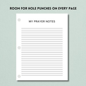 May include: A white printable page with the text "MY PRAYER NOTES" at the top. The page has three holes punched on the left side and lined paper.