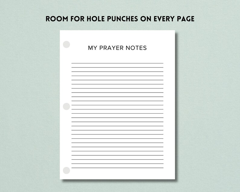 May include: A white printable page with the text "MY PRAYER NOTES" at the top. The page has three holes punched on the left side and lined paper.
