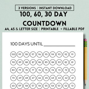 100, 60, 30 Day Countdown Printable Template, Countdown Calendar, Countdown to Christmas, Vacation, Wedding, Holiday, Birthday, Kids, Baby