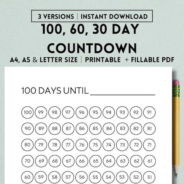 100, 60, 30 Day Countdown Printable Template, Countdown Calendar, Countdown to Christmas, Vacation, Wedding, Holiday, Birthday, Kids, Baby