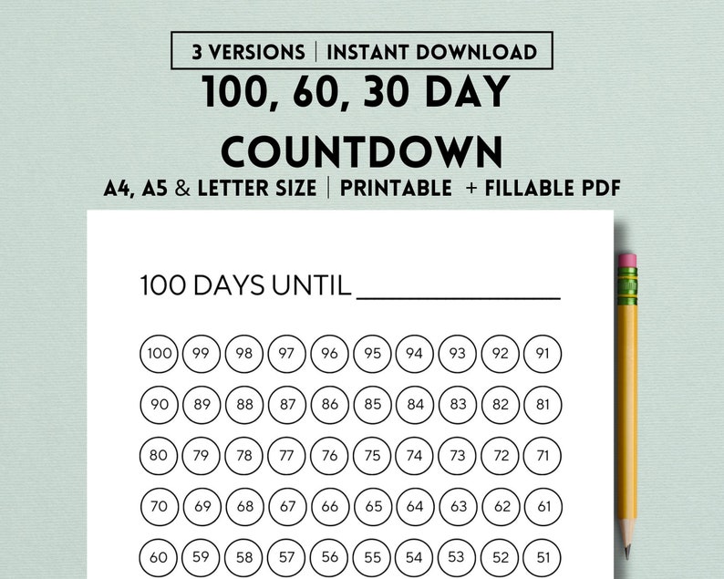 100 60 30 Day Countdown Printable Template Countdown Calendar 100 60 30 Day Countdown Printable Template Countdown Calendar