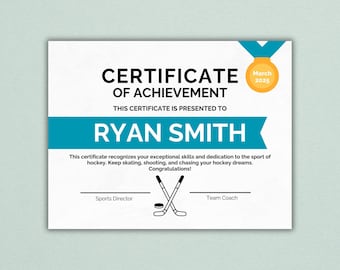 Editable Hockey Award Certificate: Printable Sports Certificate (PDF)