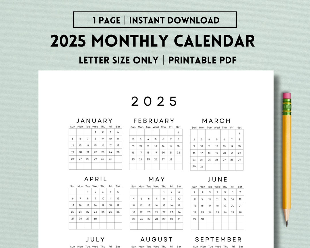 2025 Yearly Calendar One Sheet Printable, Year at a Glance, 2025 Desk