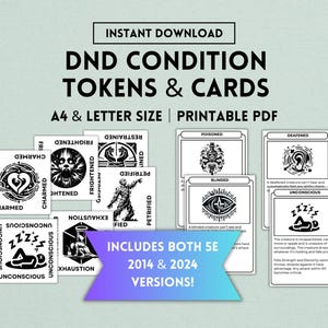 Fichas y cartas de condición de DnD, 5.ª edición, 2024, 2014, cartas de DnD, fichas de DnD, Dungeon Master, Dungeons and Dragons, descarga digital