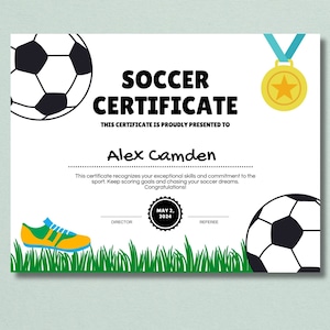 Editable Soccer Award Certificates, Award Ceremony Certificates, Printable Soccer Awards, Soccer Participation Award, Sports Certificate