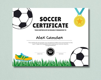 Editable Soccer Award Certificate: Printable Sports Certificate (Canva)