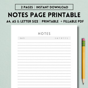 Notes Page Printable, Note Taking, Lined Notepaper, Printable Stationary Planner Insert, Study Notes, Work Notes, Office Notes, Meeting Note