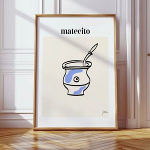 Peut inclure: Un dessin minimaliste au trait d'une gourde à maté avec une paille bombilla, en bleu et blanc, sur un fond beige. Le mot "mate­cito" est écrit en noir en haut de l'image.