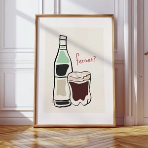 May include: A minimalist illustration of a bottle of Fernet Branca and a glass of Fernet, with the text "Fernet?" in red.