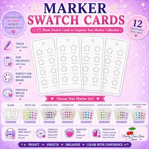 Puede incluir: Cuatro tarjetas rectangulares blancas para muestras de marcadores con doce contornos en forma de estrella cada una, sobre un fondo morado brillante. La imagen incluye etiquetas de texto para varias marcas, iconos organizativos y el logo de Cherry Tree Lane Texas.