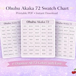 May include: Three white cards with color swatches labeled "Ohuhu Akaka 72" are displayed. The cards have a grid of color samples with corresponding codes. Text at the top reads "Ohuhu Akaka 72 Swatch Chart." A banner says "Organize All 72 Colors with Ease."
