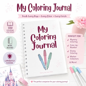 Puede incluir: Un diario de espiral blanco titulado My Coloring Journal con un gráfico de tres marcadores en azul, rosa y turquesa. La portada incluye texto que indica 100 páginas de registro de coloreado, encuadernación de alambre y cubiertas laminadas.