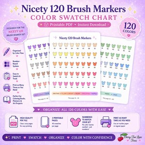 May include: A printable colour swatch chart for Nicety 120 brush markers, featuring three pages with numbered mouse-shaped icons for 120 colours. The chart includes sections for skin tones, yellows, oranges, browns, reds, pinks, purples, greens, and blues.