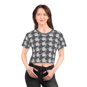 Skeleton Rock Hands Houndstooth Crop Tee, Rock and roll women's t-shirt, fun Halloween shirt, Goth Crop tshirt, Rock n roll cropped shirt image 5