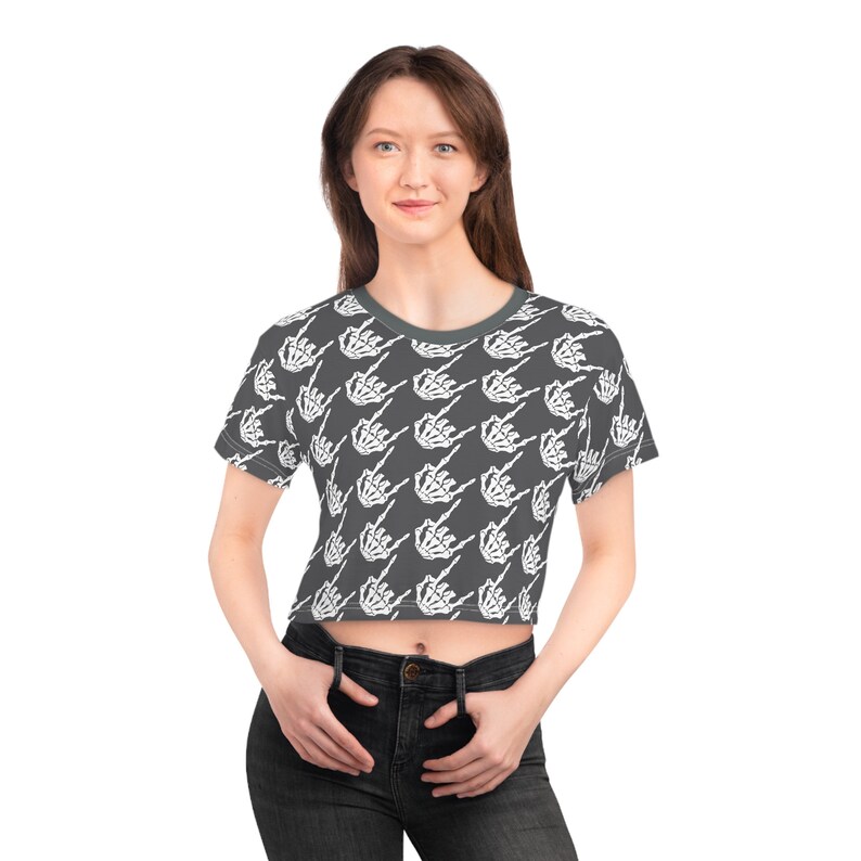 Skeleton Rock Hands Houndstooth Crop Tee, Rock and roll women's t-shirt, fun Halloween shirt, Goth Crop tshirt, Rock n roll cropped shirt image 5