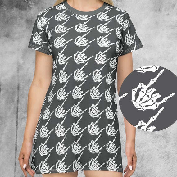 Women's Skeleton Rock Hands Houndstooth T-Shirt Dress, Women's rock and roll t-shirt dress, Skeleton hands, goth t-shirt dress, Halloween