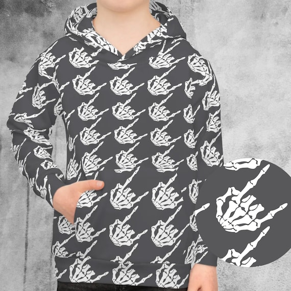 Kids rock and roll skeleton hands houndstooth hoodie, kids Halloween sweatshirt, Kids skeleton hands, boys sweatshirt, girls sweatshirt