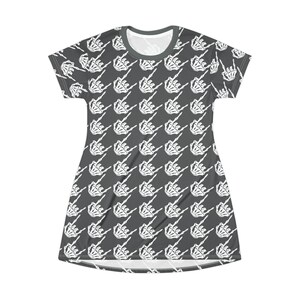 Women's Skeleton Rock Hands Houndstooth T-Shirt Dress, Women's rock and roll t-shirt dress, Skeleton hands, goth t-shirt dress, Halloween image 2