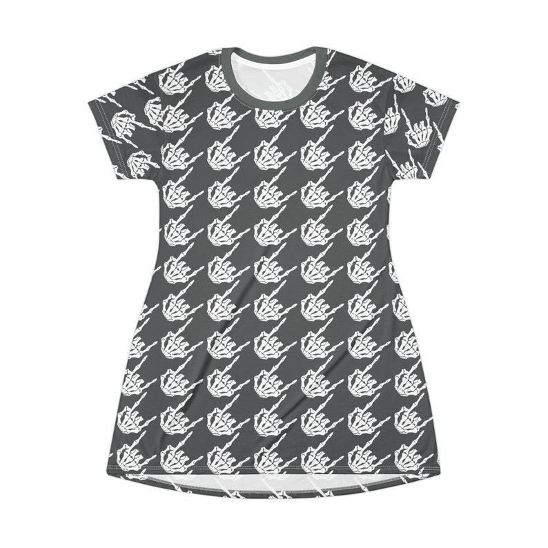 Women's Skeleton Rock Hands Houndstooth T-Shirt Dress, Women's rock and roll t-shirt dress, Skeleton hands, goth t-shirt dress, Halloween image 2